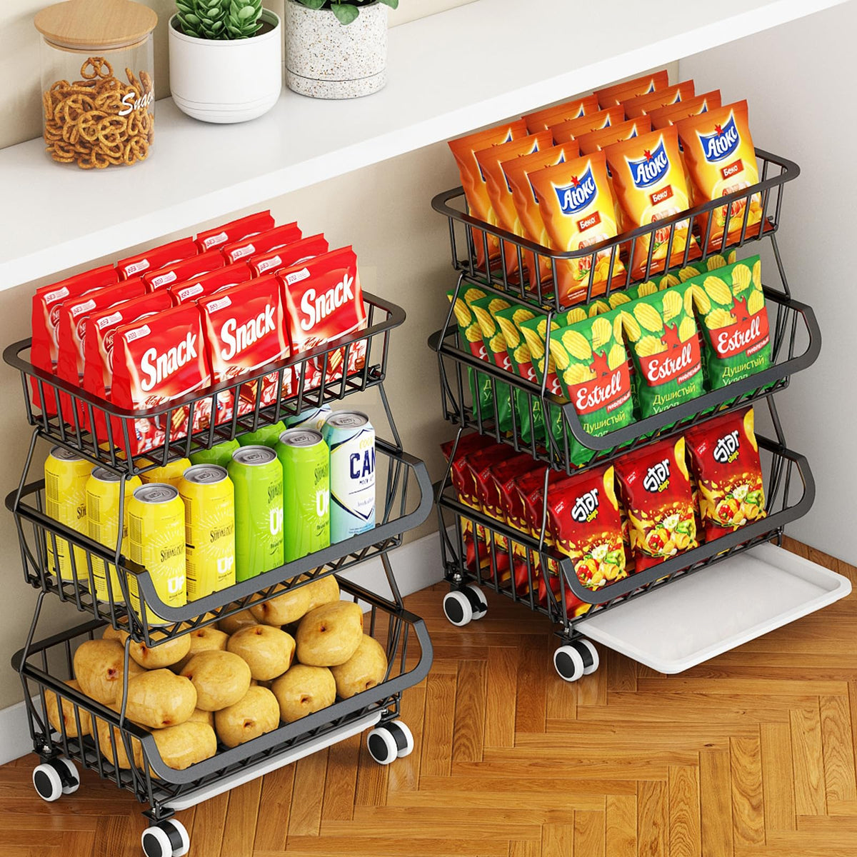 Miyawell Fruit Vegetable Storage Basket for Kitchen - 4 Tier Stackable Metal Wire Baskets Cart with Rolling Wheels Utility Fruits Rack Produce Snack Organizer Bins for Pantry Bathroom Laundry Bronze