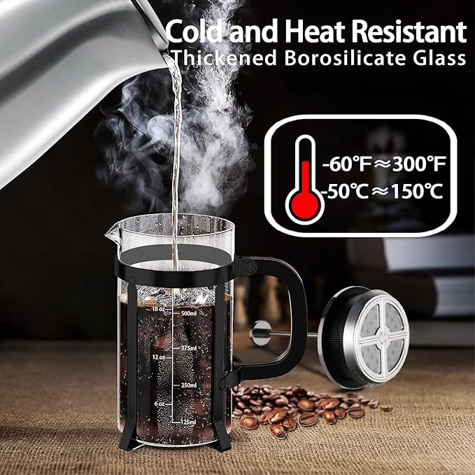 YMMIND French Press Coffee Maker 304 Stainless Steel Coffee Press,with 4 Filters System, Heat Resistant Thickness Borosilicate French Press Glass, BPA-Free Brewed Tea Pot Coffee Plunger(Copper 12oz)