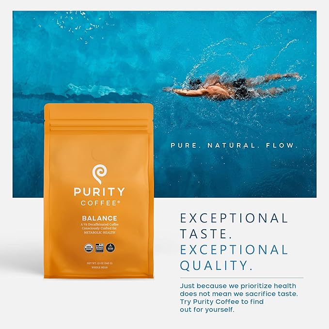 Purity Coffee BALANCE 2/3 Decaf Medium Roast Ground (12oz Bag) | Specialty-Grade USDA Organic Mountain Water Decaffeinated + Arabica Blend | Third Party Tested for Mold, Mycotoxins & Pesticides