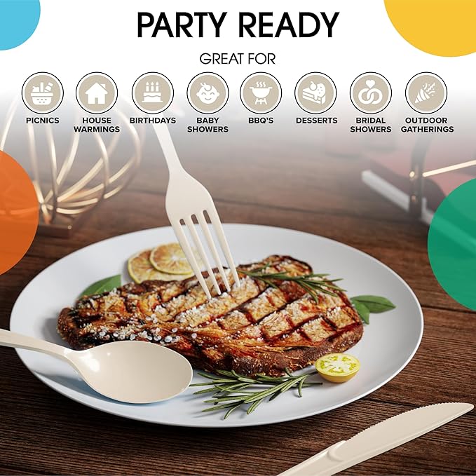 Party Solids Ivory Plastic Silverware Heavy Duty 150 Pieces Ivory Disposable Silverware Heavy Duty, Utensil Sets, 50 Of Each Forks, Knives & Spoons Disposable Cutlery Set For Party Supplies