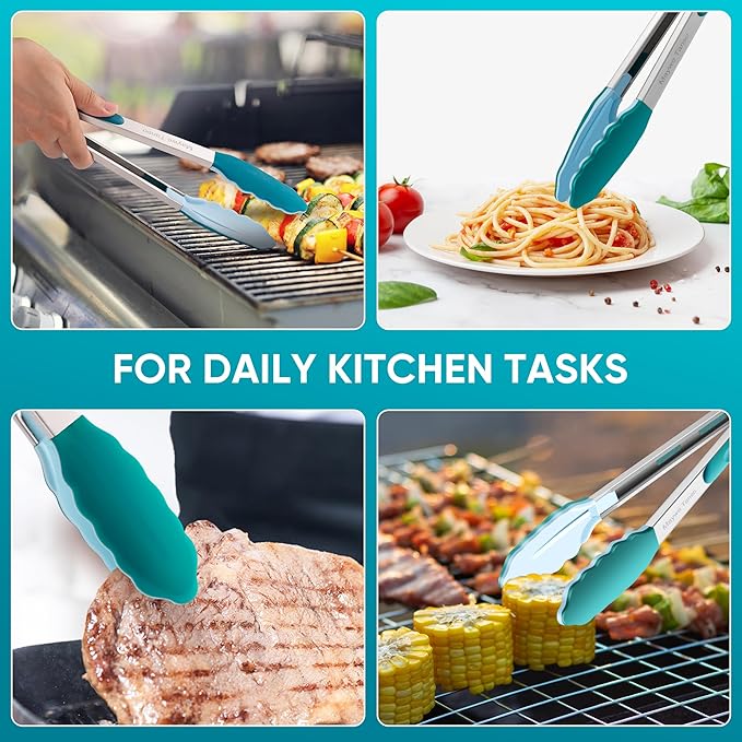 12-Inch Kitchen Tongs for Cooking with Silicone Tip,Turquoise