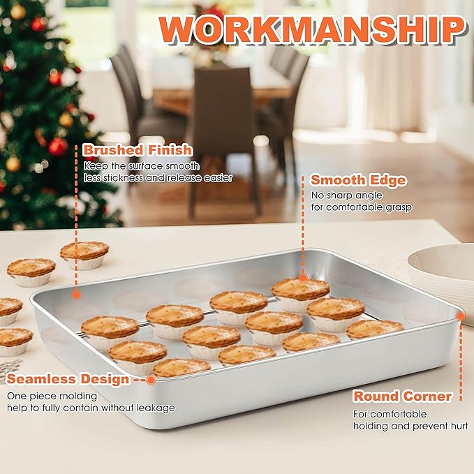 Herogo 10.5" x 8" x 2" Deep Baking Pan Set of 2, Stainless Steel Rectangle Sheet Cake Pan for Lasagna Brownies Casseroles Cakes, Dishwasher Safe & Durable