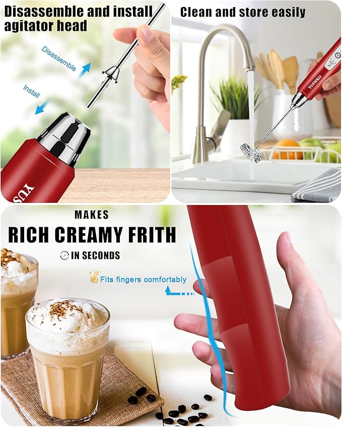 YUSWKO Rechargeable Milk Frother for Coffee, Handheld Drink Mixer with 3 Heads 3 Speeds, Ideal Electric Stirrers for Travel, 01FROTHER_RED-TRAVEL3