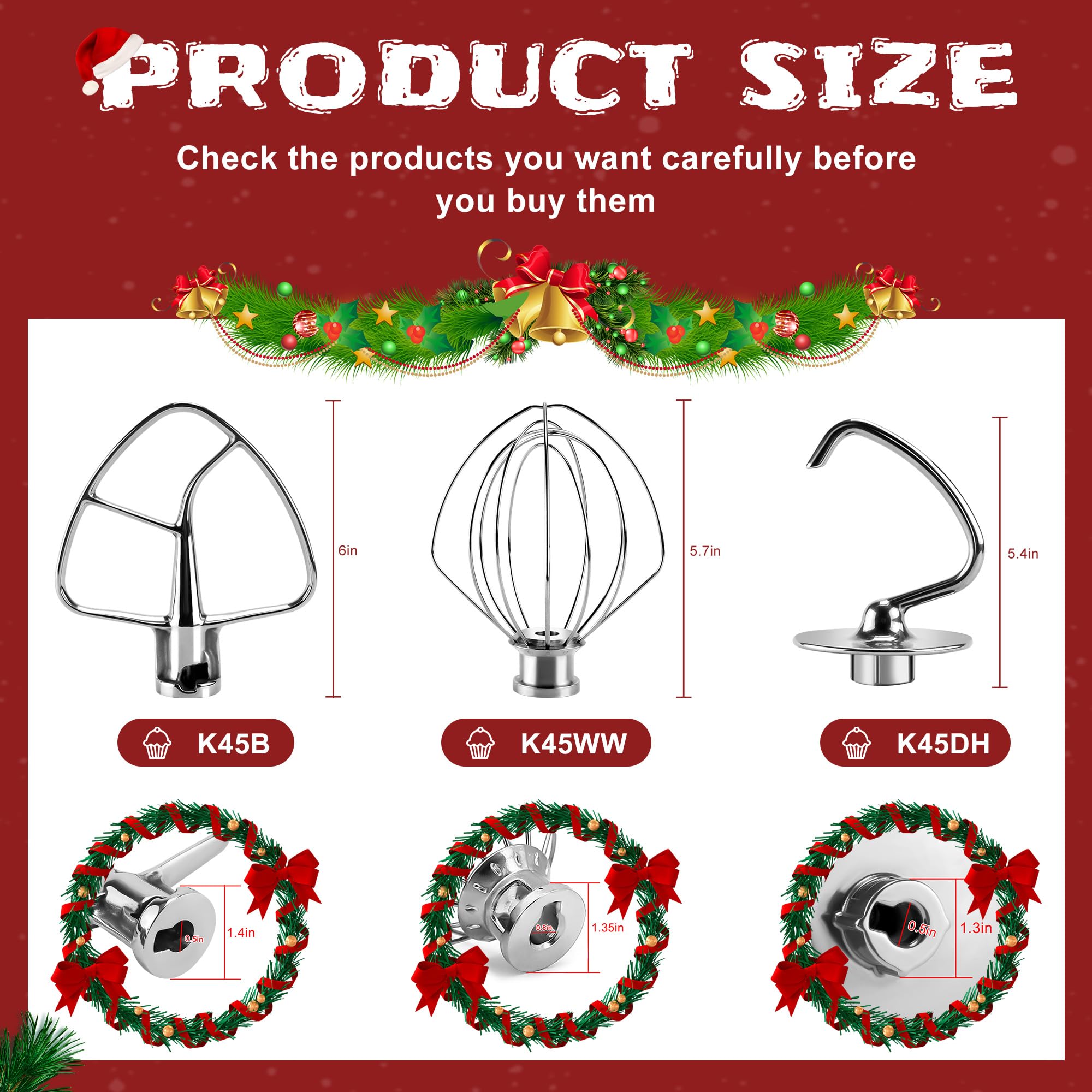 Stainless Steel Kitchen Mixer Accessories K45DH Coated Dough Hook&Kitchen Mixer Attachments K45b Coated Flat Beater&K45WW Wire Whip Compatible for 4.5 QT Tilt-Head Stand Mixer-MIFLUS