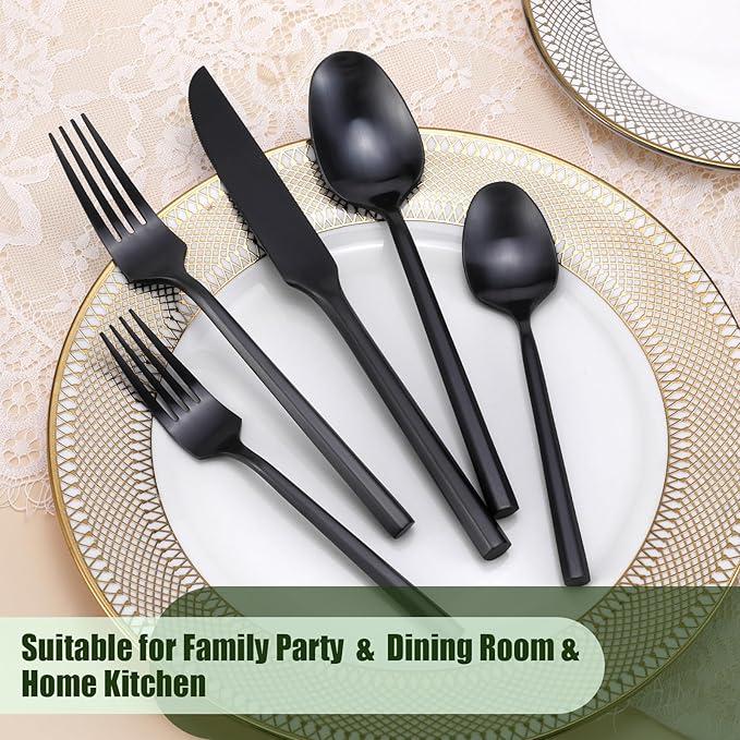 DEACORY Silverware Set Matte Black Hexagon 60-Piece Service for 12