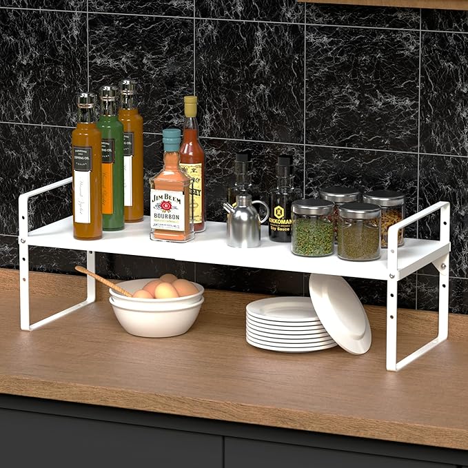 GEDLIRE Expandable Kitchen Cabinet Shelf Organizers, Stackable Metal Pantry Storage Shelves Rack, Adjustable Counter Spice Shelf for Cabinets, Countertop, Cupboard Organizers and Storage, White