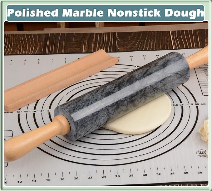SIPARUI Marble Rolling Pin with Wooden Cradle Thick Handle Set for Baking,18.5 inch Premium Quality Polished Roller for Pizza Dough,Fondant,Pie Crust,Non-Stick Surface Easy to Clean(Black)