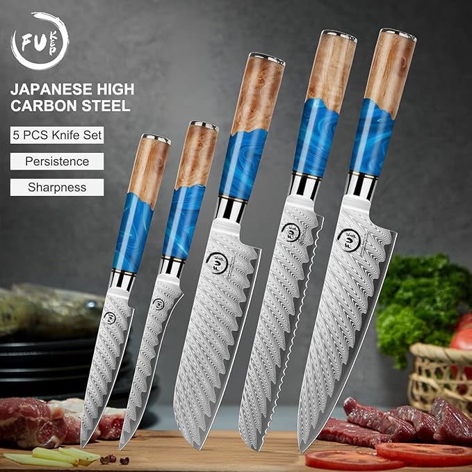 Fukep 5 Piece Damascus Knife Set, Japanese VG10 Steel Kitchen Knives