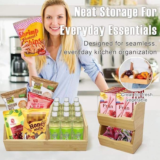 MinBoo Bamboo Stackable Pantry Storage Bins Potato and Onion Storage,Fruit Basket for Pantry Organization,Fruit Bowl for Kitchen Counter,Fruit and Vegetable Storage (Bamboo)