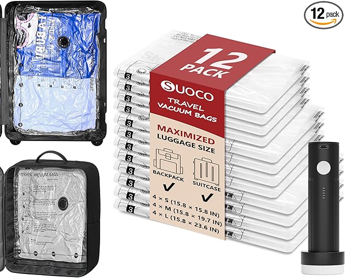 Travel Vacuum Bags for Clothing with Rechargeable Electric Pump, Compression Packing Cubes Organizer Storage for Luggage Suitcase, Space Saver Seal Bags for Vacation Cruise, 12 Combo