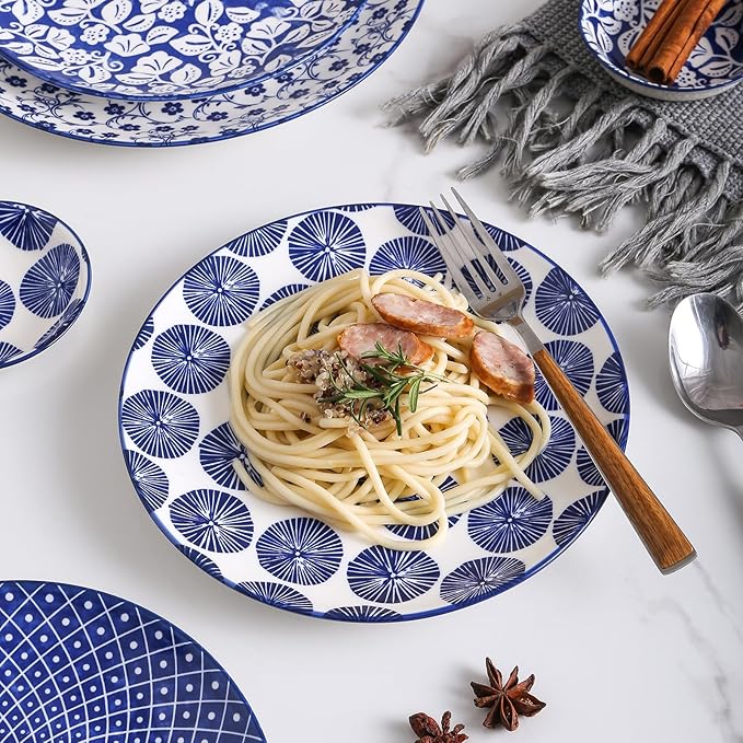 Selamica Ceramic Dinnerware Sets, 16 Pieces Dishes Set for 4, Kitchen Plates and Bowls Sets, Dishwasher & Microwave Safe, Vintage Blue