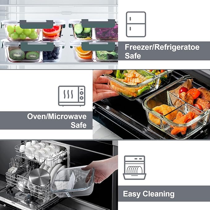 VERONES 5 PACK 36 OZ Glass Food Storage Containers 3 Compartment Set, Grey