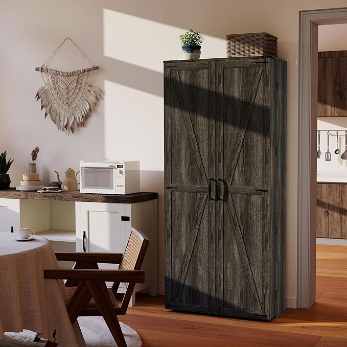 Vrmuxita Tall Kitchen Pantry Cabinet: Food Pantry Cabinets for Kitchen Storage, Grey Wood Storage Cabinet with 2 Doors, Farmhouse Cabinets with Freestanding Cupboard (Grey)