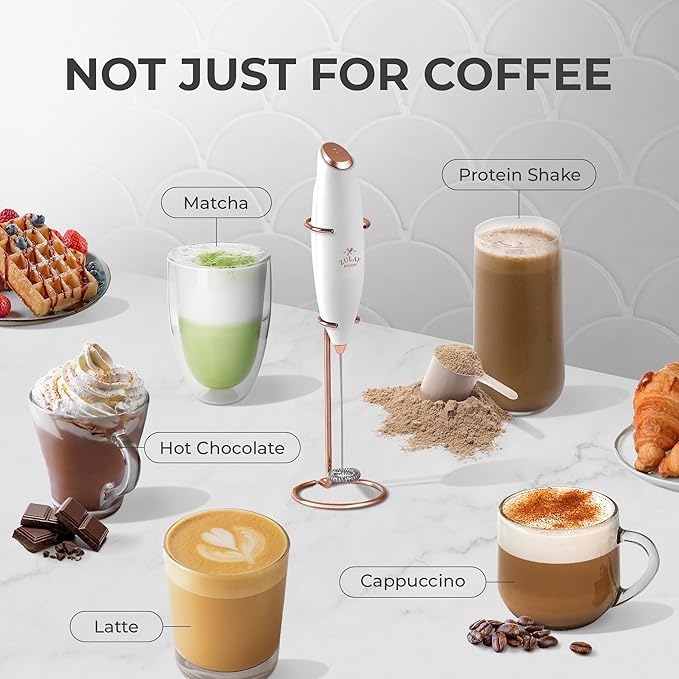 Zulay Kitchen Powerful Milk Frother Wand With Duracell Batteries - Ultra Fast Handheld Drink Mixer - Electric Whisk Foam Maker for Coffee, Lattes, Cappuccino & Matcha - Z1 Motor - White & Rose Gold