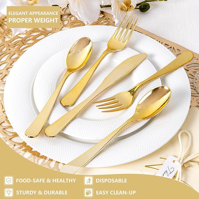 Joyido 150PCS Gold Plastic Silverware Set Heavy Duty for Weddings