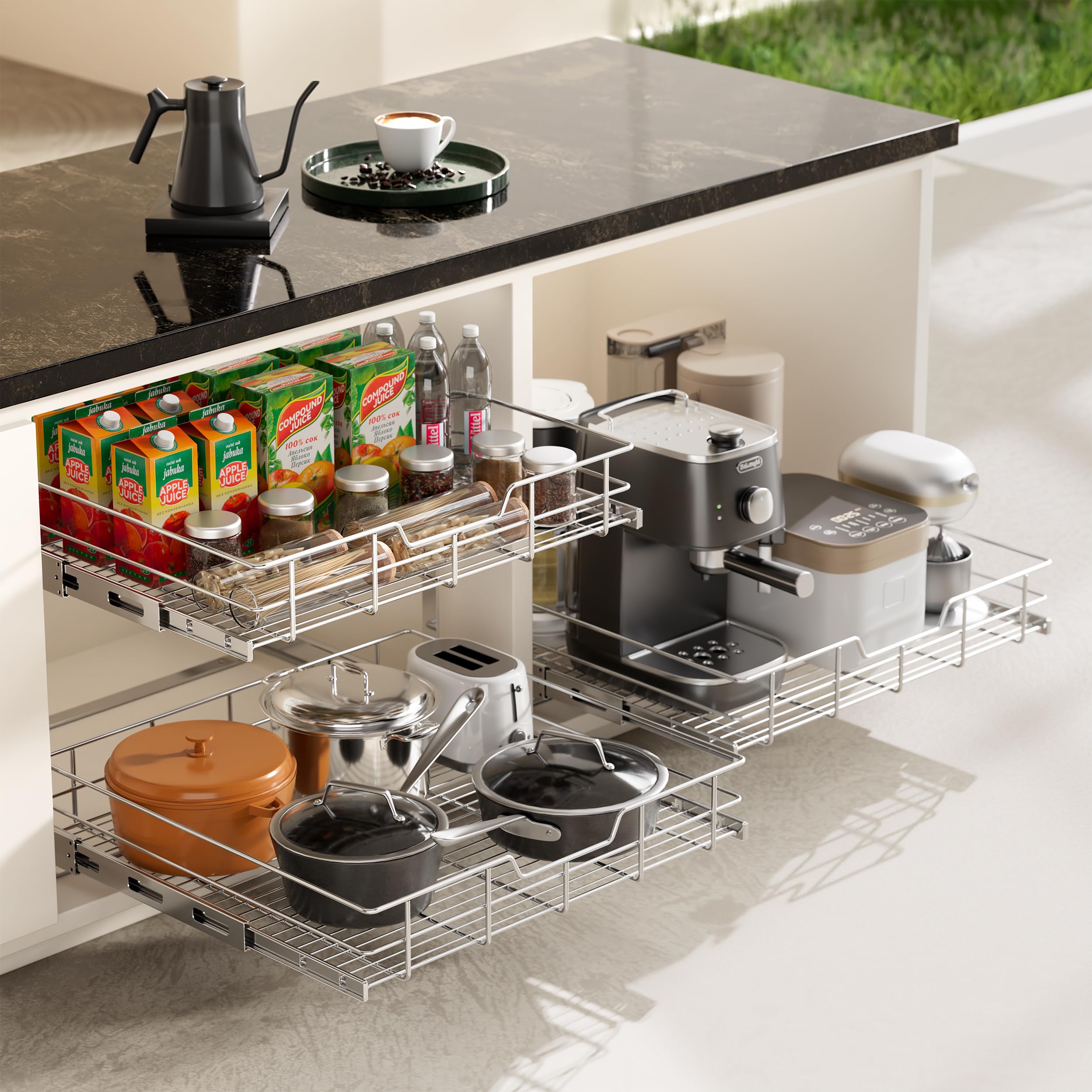 2 Tier Pull Out Cabinet Organizer 11" W X 22" D, Chromed, Full Slide Out