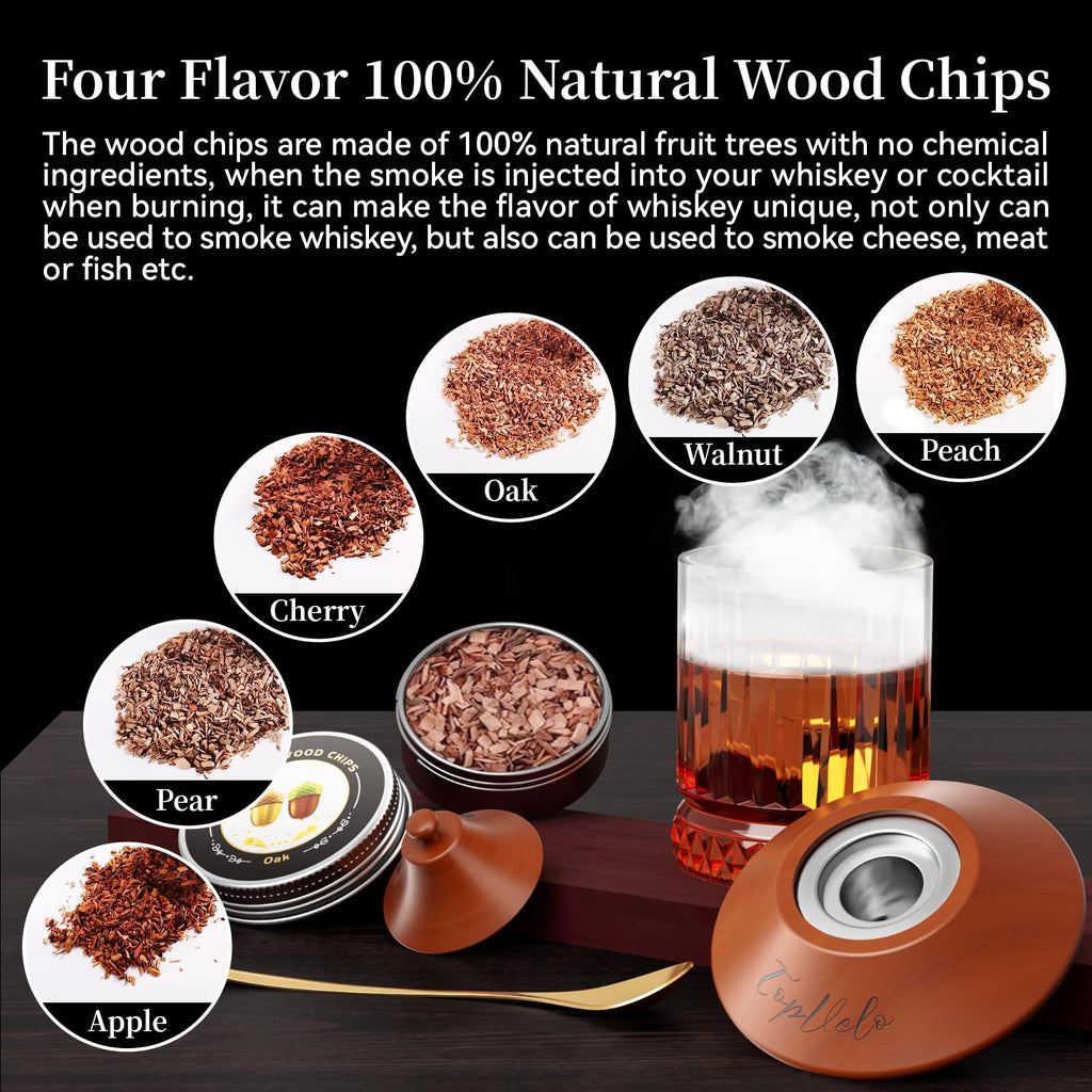 Cocktail Smoker Kit with Torch and Whiskey Glass, 6 Flavors Wood Chips and 3 Whisky Stones for Whiskey & Bourbon, Gift for Husband, Birthday Gift (No Butane), Brown