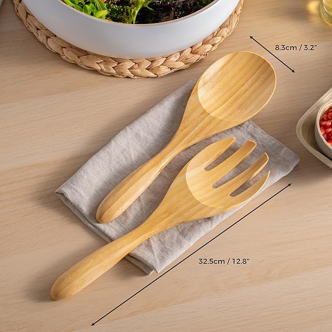 Dehaus® 12" Extra Large Bamboo Salad Servers - Wooden Salad Serving Spoons - Eco Friendly Salad Tossing Utensils - Giant Wooden Salad Hands - Bamboo Salad Tongs