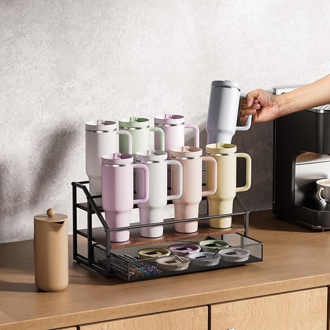 MOJOHAND 3-Tier Stanley Cup Rack with Basket for 8 Tumblers