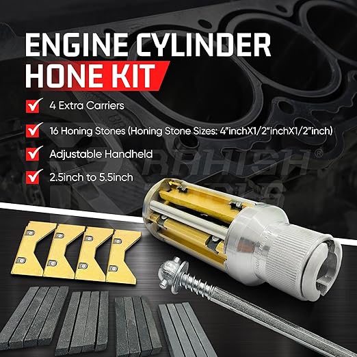 Rahish Tools Engine Cylinder Hone Kit 2.5" to 5.5" with 4 Extra Carriers Adjustable Handheld Honing Machine Tool Kit with 16 Stones Sizes 4" x1/2" x1/2" - Works for Mid-Size to Larger Car Engines