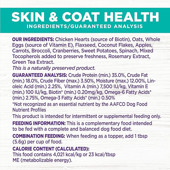 Wellness Bowl Boosters Skin and Coat Health Dog Food Topper with Freeze Dried Pieces for Small, Medium, and Large Breeds, Grain Free, Natural, Chicken Recipe, 4 oz Bag