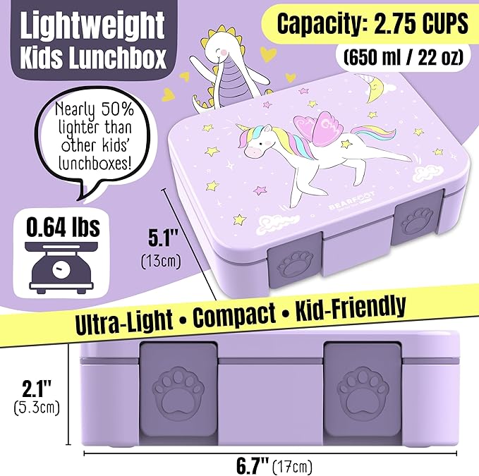 BEARFOOT Kids Lunch Box with Compartments – Compact & Lightweight | Leak-Proof, BPA-Free, Dishwasher Safe | Hand-Drawn Design for Preschool, School, Travel (Unicorn Purple, 2.75 Cups)