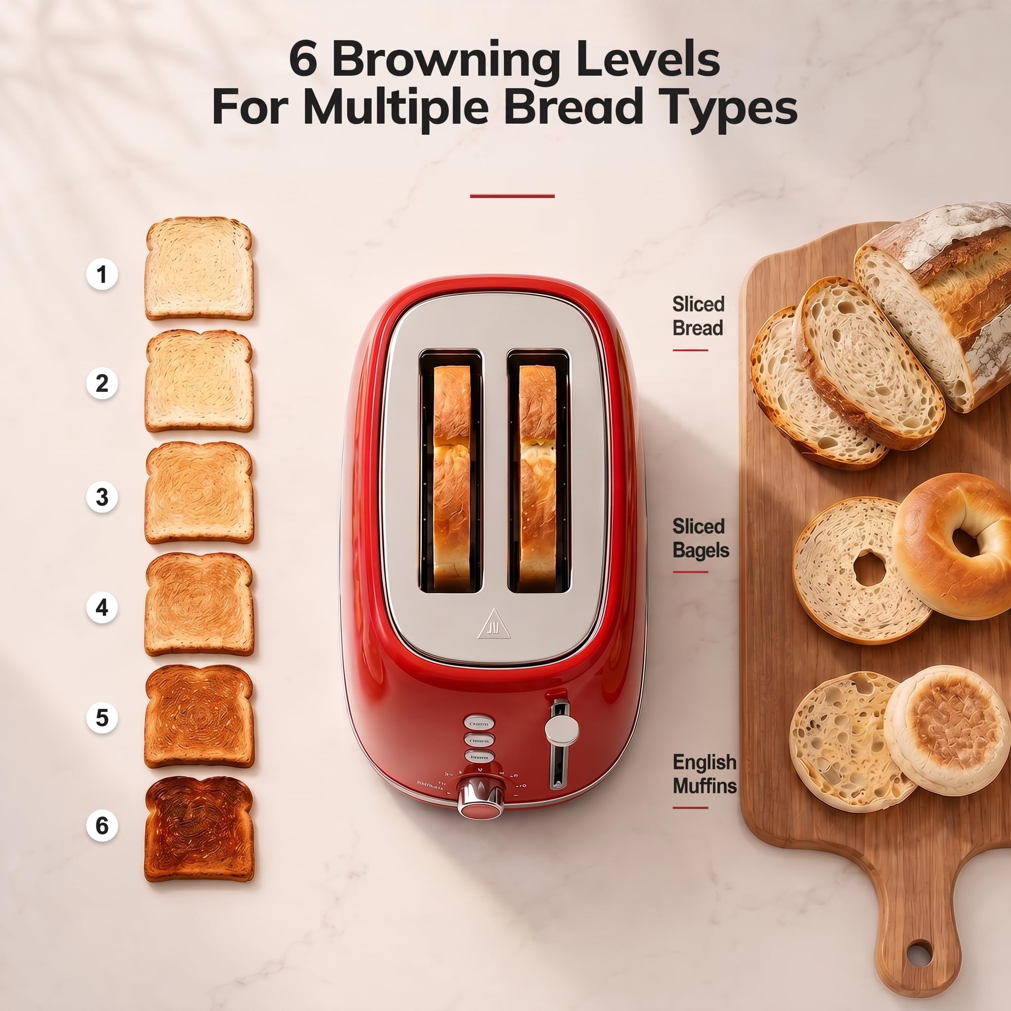 2 Slice Stainless Steel Toaster Retro with 6 Bread Shade Settings, Bagel, Cancel, Defrost Function, Extra Wide Slot, Removable Crumb Tray, Red
