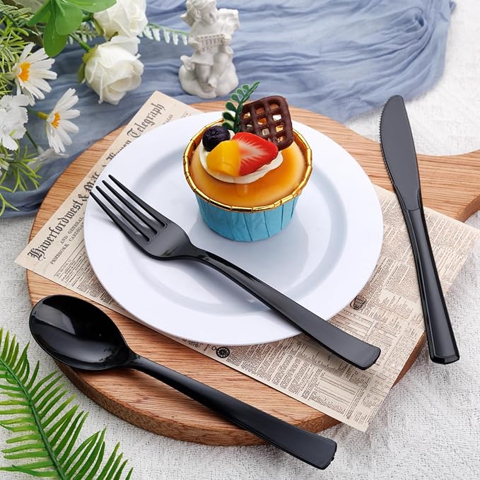 EI 360pcs Black Plastic Silverware,Disposable Cutlery,Plastic Silverware Heavy Duty,Plastic Spoons and Forks include 120pcs Forks,120pcs Spoons and 120pcs Knives,for Wedding,Graduation Decorations