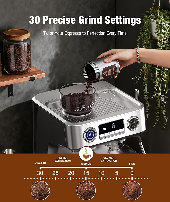 Kndko 20 Bar Espresso Machines with Grinder, Double Boiler Espresso Maker with Milk Frother Steam Wand, Programmable Coffee Maker for Home Cappuccino Latte & Americano