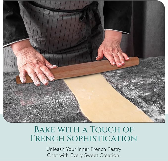 Mahogany French Rolling Pin | Non-Stick Kitchen Tool | Tapered Solid Wood Design for Precise Baking | Ideal for Professional & Home Bakers
