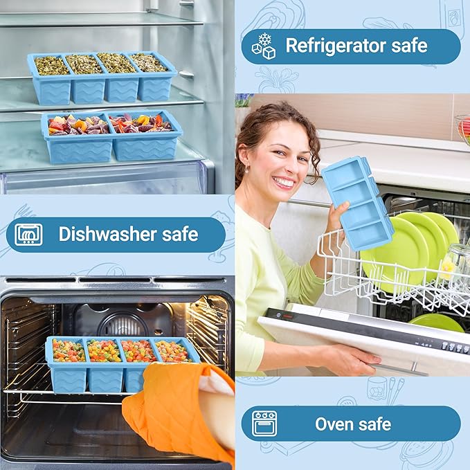 Silicone Freezer Trays with Lid for Soup, 1-Cup & 2-Cup Large Ice Cube Molds Food Storage Containers for Meal Prep, Freeze 500mL/250mL/125mL Portions – 2 Pack