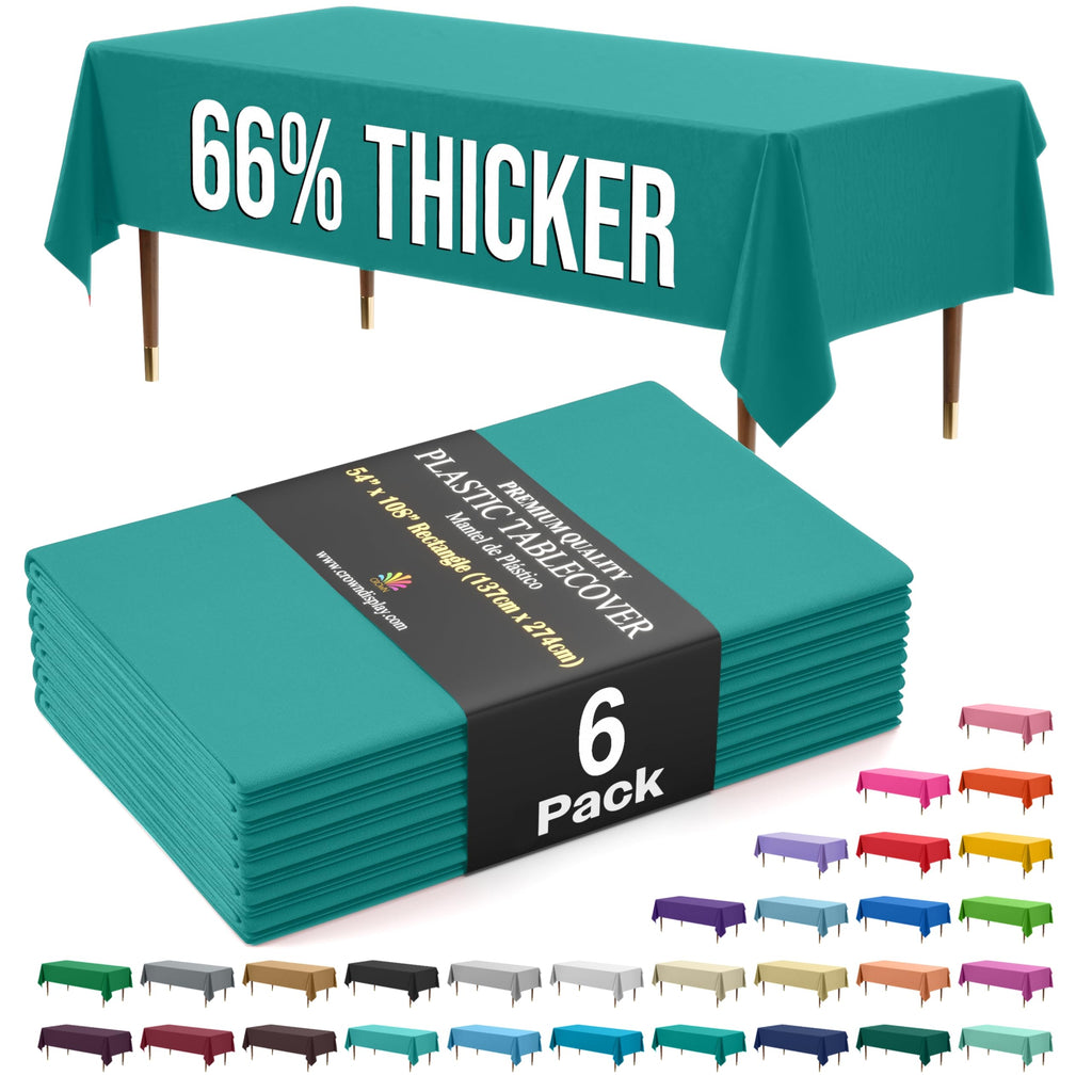 Exquisite 66% Thicker Premium Plastic Table Cloth Rectangle Table Cover 0.5 Mil 6 Pack Teal Table Cloth 54 Inch x 108 Inch Disposable Tablecloth Won't Tear Easily Like Cheap Thin Brands