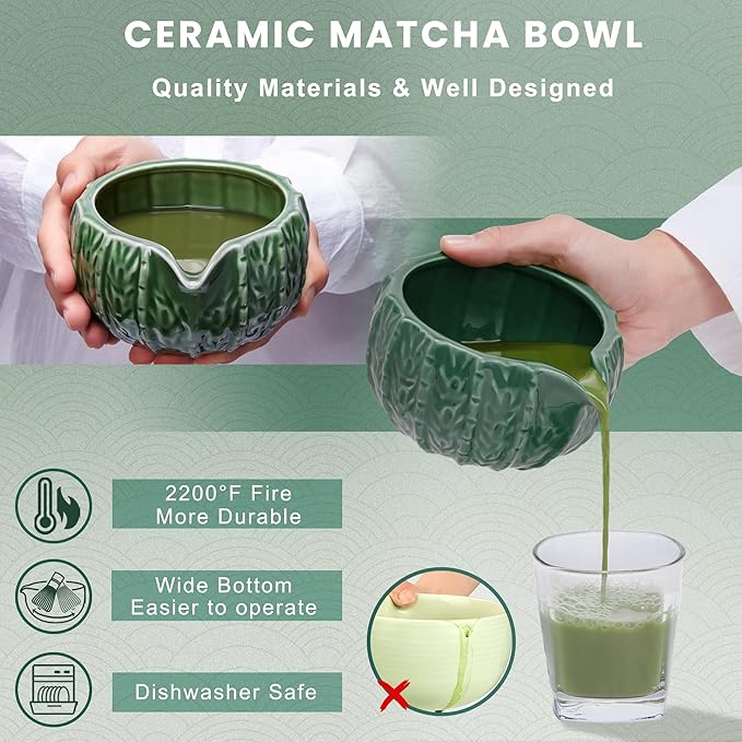 RANERANE 6-Piece Matcha Set, Matcha Whisk (Chasen) & Holder, Matcha Bowl with Spout, Sifter & Spoon, Bamboo & Ceramic, Dark Green