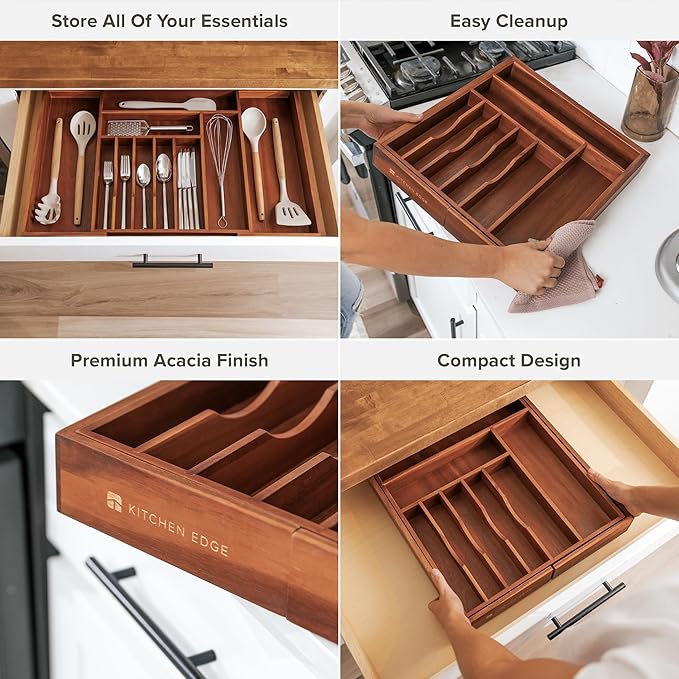 KitchenEdge Silverware & Utensil Drawer Organizer, 16-28 in, Acacia