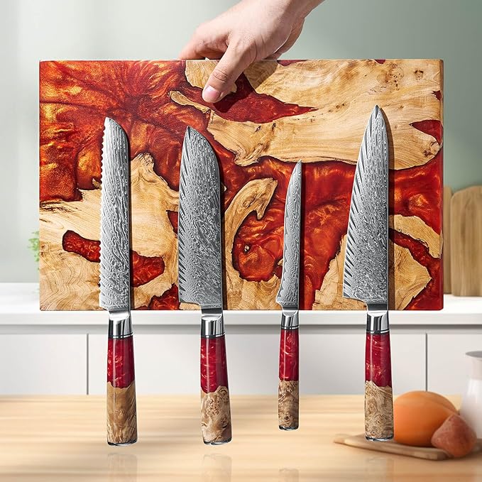 SENKEN "Red Tsunami" Extra Large Magnetic Knife Block - Holds Up to 16 Knives - Knife Block without Knives, Universal Knife Holder, Beautiful Red Resin Burl Wood Blend ("Crimson" Red Resin Blend)