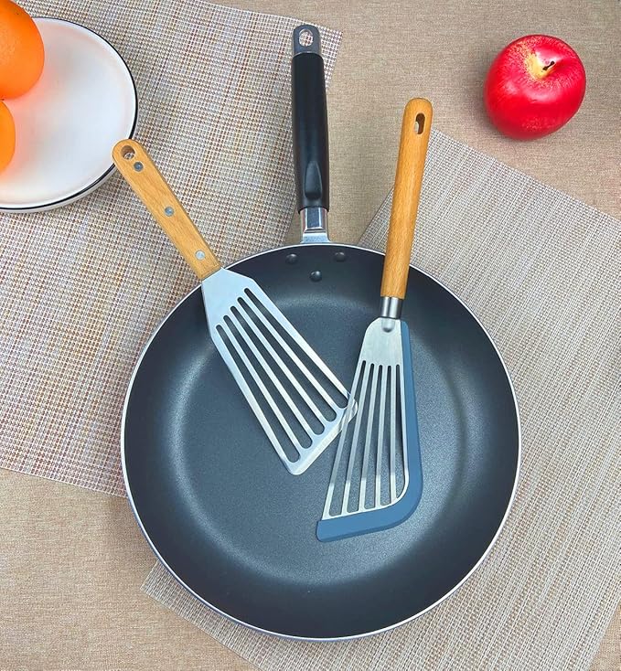 KLAQQED Fish Spatula Set for Nonstick Cookware Flexible Metal Fish Spatula Stainless Steel Small Fish Slotted Spatula Turner with Wood Handle