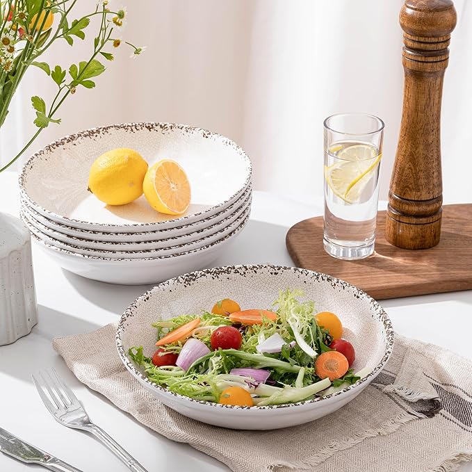 ZAROCRUS Rustic White Melamine Pasta Bowls, 6 Pack 9.25 inch Serving Bowls, Wide and Shallow All-purpose Bowl, Unbreakable Kitchen Bowls for Salad, Pasta, Ramen, Soup, Noodle, Fruit. Dishwasher Safe…