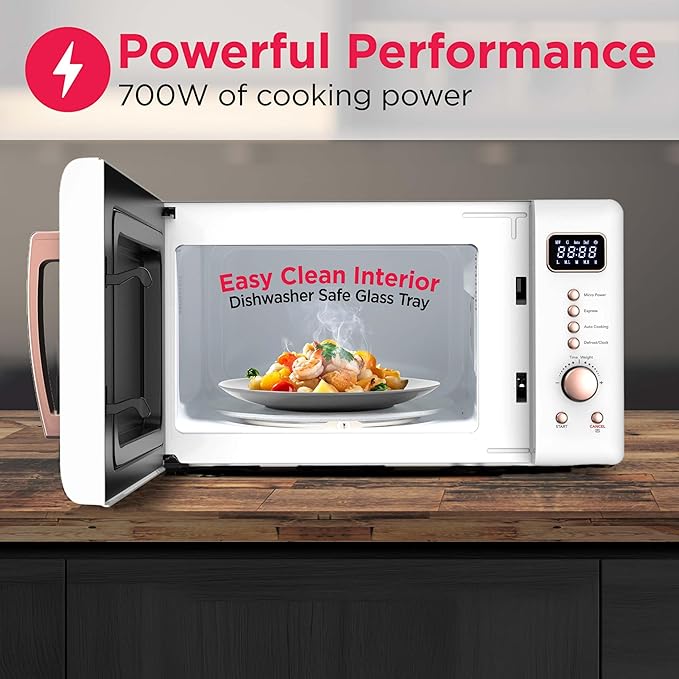 Frigidaire, 0.7 Cu. Ft. Retro Countertop Microwave Oven, 700W Compact Microwave with 8 Auto Cook Menus, Auto Defrost, 5 Power Levels, LED Display, Glass Turntable, White-RoseGold