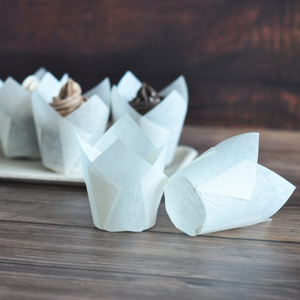 MyBakning Large size White+Brown Tulip Baking Cups 2-1/4"(Base diameter) x 4"(Wall height) Greaseproof paper baking cupcake Muffin liners, Case of 130 pcs