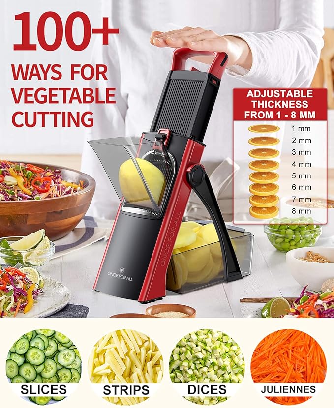 ONCE FOR ALL Safe Mandoline Slicer Plus with Peeler, Bigger Size, Red