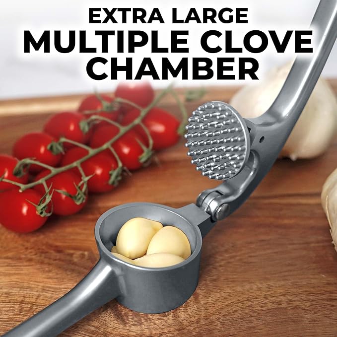 Zulay Kitchen Large Premium Garlic Press Set - Bigger Bowl for Bigger Garlic - Rust Proof Garlic Mincer Tool - Easy-Squeeze, Easy-Clean Silicone Garlic Peeler & Brush (Slate)