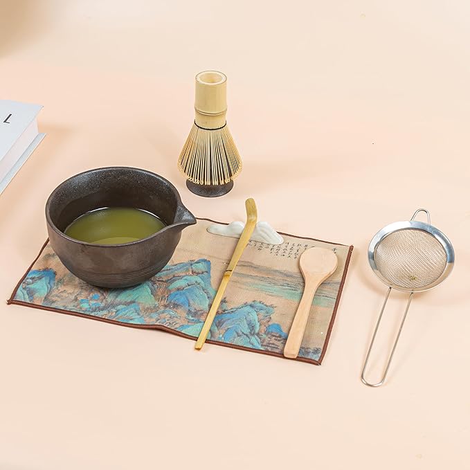 Matcha 7-Piece Set, Japanese Matcha Ceremony Kit with Chawan Bowl, Bamboo Whisk and Strainer, Great Gifts for Mom, Grandma, Wife, Women, Birthday, Mother’s Day, Graduation, Home Decor(Black)