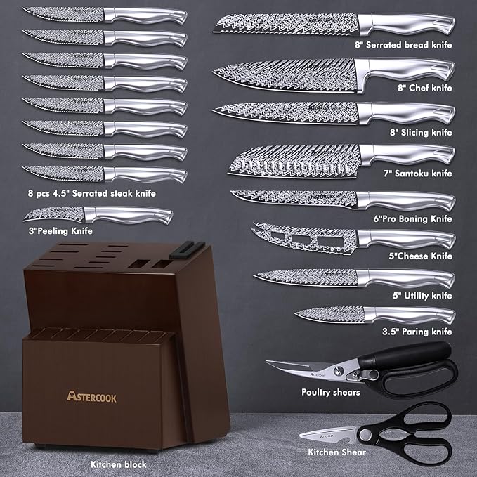 Knife Set, Astercook 21 Pieces Kitchen Knife Set with Built-in Sharpener, German Stainless Steel Knife Block Set, Razor-Sharp Knives with Full-tang Handle, Dishwasher Safe Kitchen Utensils Set