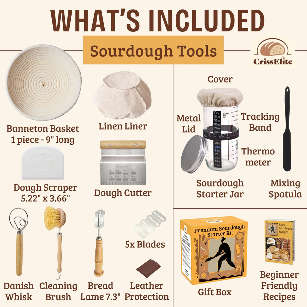 Sourdough Starter Kit for Beginners – 9” Banneton Bread Proofing Basket with 24oz Glass Sourdough Starter Jar & Sourdough Bread Baking Supplies, Easy No-Fail Kit, Gift for Home Bakers