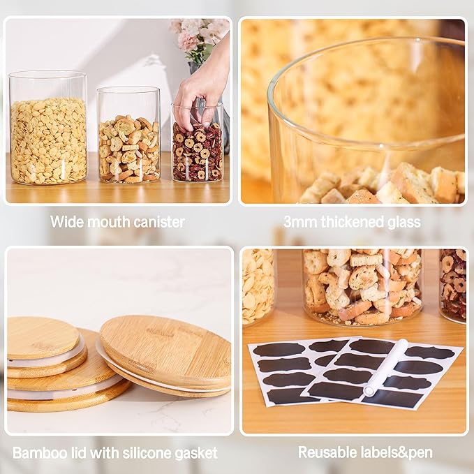 Wnaraa Glass Flour Storage Containers with Lids, Glass Jars with Bamboo Lids, Large Food Storage Jar, Sugar, Pantry Storage Container for Pasta Rice Flour Oats Nuts Tea Spice (Round 27oz+54oz+100oz)