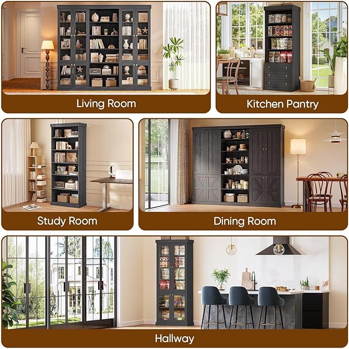 70.8" Tall Black Bookshelf, Farmhouse Modular Bookcase with 6-Tier Adjustable Shelves, Large Storage Cabinet for Home Office, Living Room, Set of 2