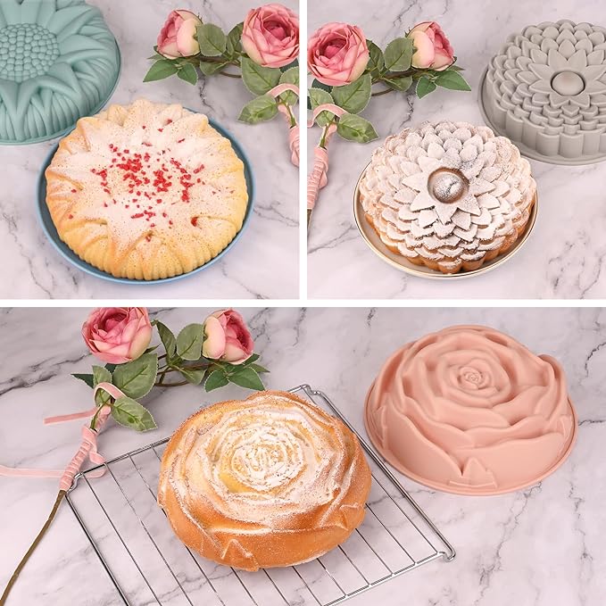 Sakolla 3 Pack Flower Shape Silicone Cake Molds, Large Round Silicone Molds for Baking Cake, Breads, Pies, Tarts, Jello (Rose, Chrysanthemum, Sunflower)