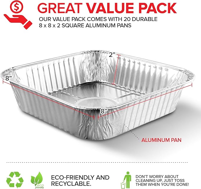 Stock Your Home 8x8 Foil Pans (20 Pack) 8 Inch Square Aluminum Pans - Foil Pans - Disposable Food Containers Great for Baking Cake, Cooking, Heating, Storing, Prepping Food