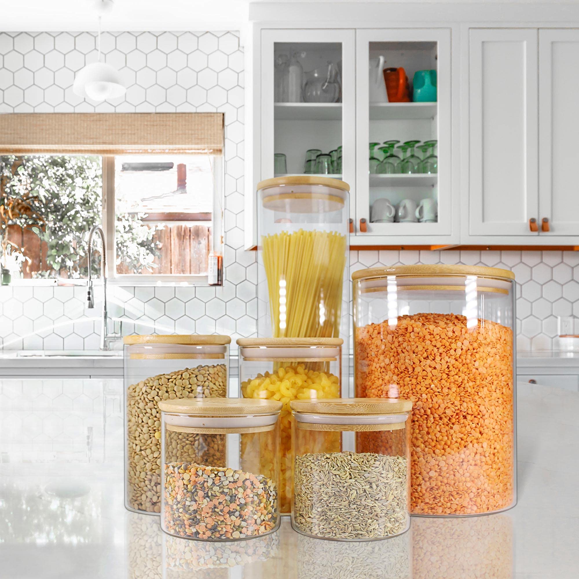 Urban Green Glass Jars with Airtight Lids, Airtight Glass Canisters with Locking Lids, (Bamboo 100oz)