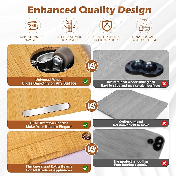 Joy&Grace Appliance Slider for Kitchen Appliances 360° Rolling Sliding Tray for Coffee Maker Countertop, Bamboo Coffee Pot Slider Rolling Tray with Universal Rollers (Natural, Large 16"x13")